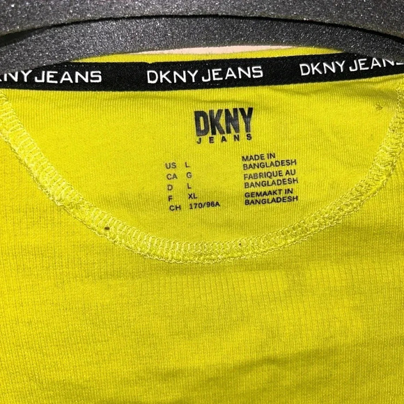 DKNY jeans Neon Lemon green long sleeve knit V-neck top Sz L - Picture 3 of 12